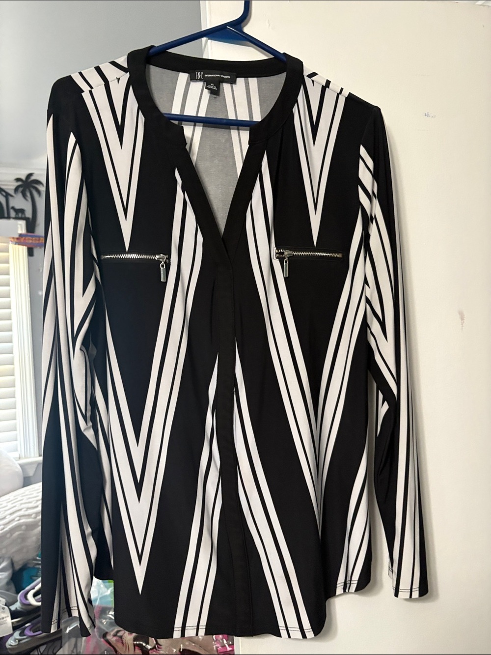INC International Concepts Black and White Striped V-Neck Blouse